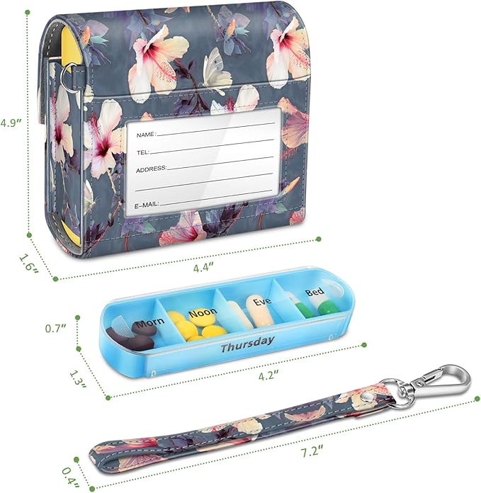 FINPAC Weekly Pill Organizers 4 Times A Day, Slide Open PU Leather Case Travel Pill Vitamin Medicine Reminder and Planner with Name Card for Morning| Afternoon| Evening| Bedtime (Blooming Hibiscus)