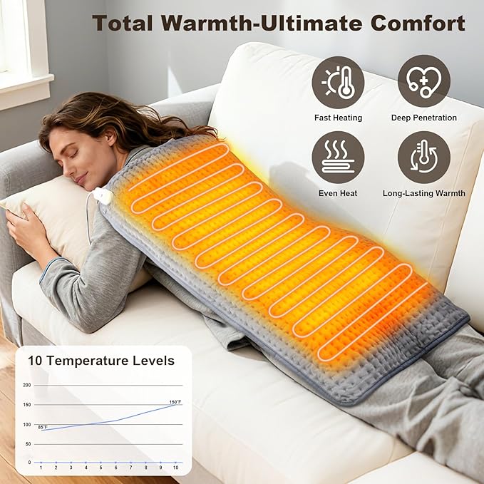 Large Heating Pad for Back Pain Relief & Period Cramps, 16x30 XL Heating Pad for Neck Shoulder Abdomen, Fast Heating with 10 Temp Settings & 3 Timer, Dry/Moist Heat Therapy,Gifts for Women Men