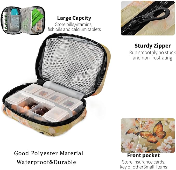 Fustylead Flying Butterflies and Cherry Flower Oil Painting Pill Organizer Travel Bag, Small Portable Pill Case Cute for Vitamin Fish Oil Supplements Medicine Organizer with Zipper
