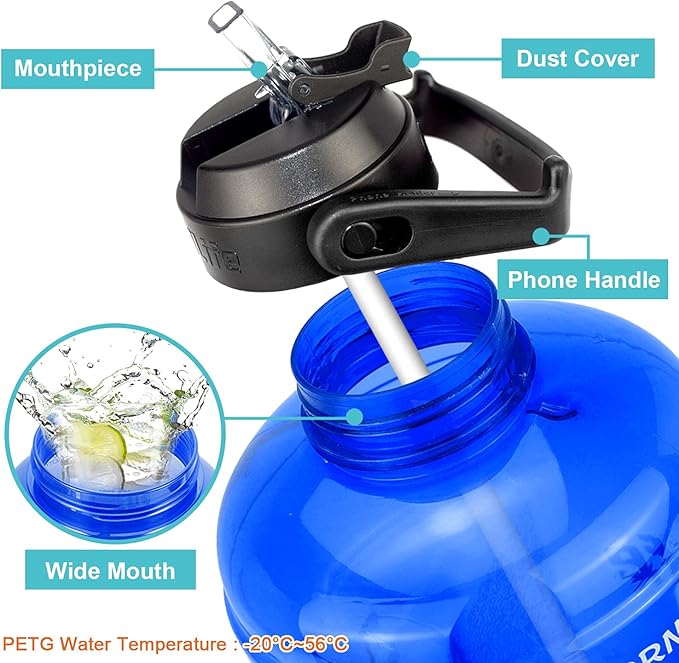 QuiFit 1 Gallon Water Bottle - with Straw & Motivational Time Marker Leak-Proof BPA Free Reusable Gym Sports Outdoor Large(128OZ/73OZ) Capacity Water Jug