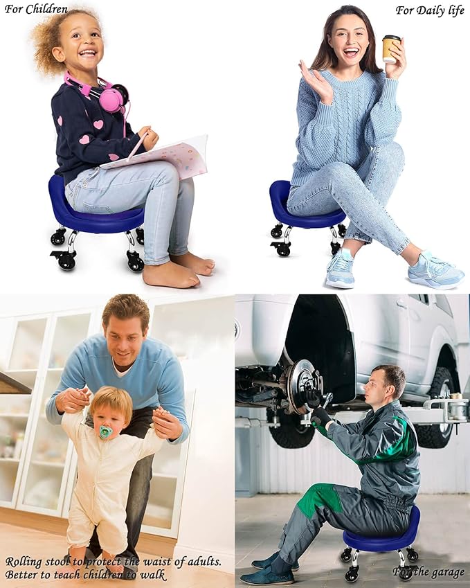 Rolling Stool with Backrest VAPAA TAIDE 450 Lbs High Weight Capacity PU Leather Roller Seat and Heavy-Duty Crystal Universal Wheels for Men Women Boy Girl Furniture Gift, Home Office Blue
