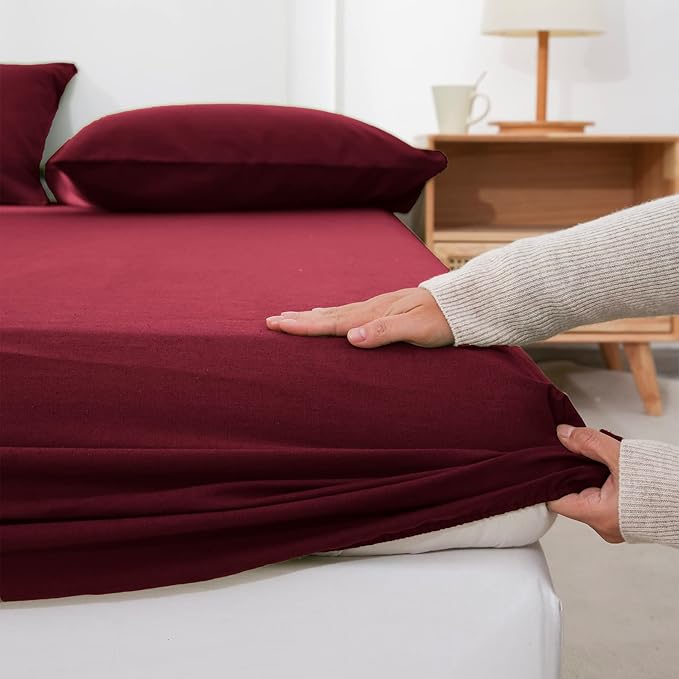Simple&Opulence Belgian Linen Sheet Set Solid Color - 3 Pieces (1 Flat Sheet, 1 Fitted Sheet & 1 Pillowcase) Natural Flax Cotton Blend Soft Breathable Farmhouse Bedding - Twin Size, Burgundy Red