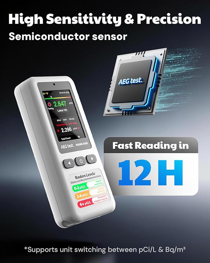 HOUND-1011S Portable Radon Detector, High-Accuracy Sensor for Home, Lightweight, Audible & Visual Alarms, Long-Term Monitoring, Easy-to-Use Radon Tester in pCi/L or Bq/m³ for Basement