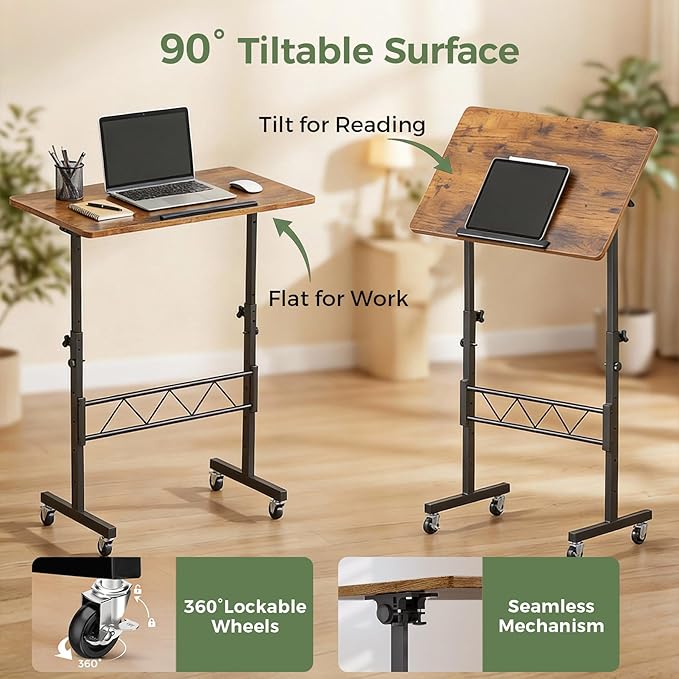 GTPLAYER Small Standing Desk Adjustable Height, 30.7"-46.4" Portable Computer Table Mobile Desk Workstation Stand Up Desk with Wheels Compact Rolling Table for Home Work Treadmill Walking Pad Brown