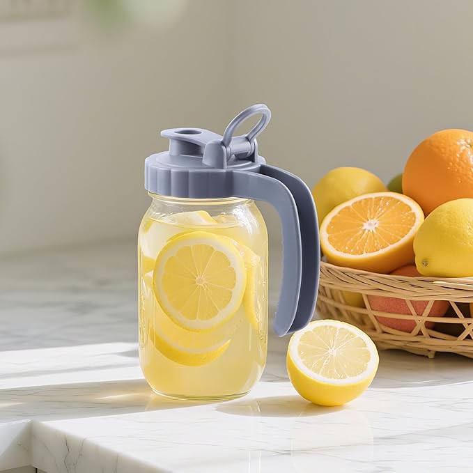 Mason Jar Pitcher 32 OZ With Pour Spout Lids Wide Mouth Breast Milk Pitcher 1 Quart Glass Milk Jug With Flip Cap Airtight & Leakproof Water Carafe For Fridge, Coffee, Iced Tea, Lemonade, Juice