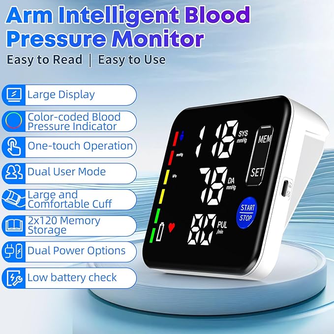 Blood Pressure Monitor Rechargeable Upper Arm Blood Pressure Monitors for Home Use Large Screen Bp Machine, 2x120 Memory, Voice Broadcast Bp Monitor (Black)
