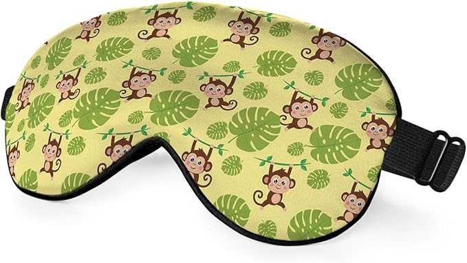 Funny Monkey Silk Eye Mask Sleep Mask Brown Monkeys Animal Green Tropical Leaves Eye Mask with Adjustable Strap Lightweight for Women Work Travel Night Sleep