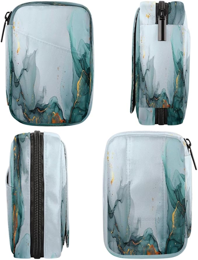 Abstract Teal Gray Marble Travel Pill Organizer Box Weekly Portable Pill Case Daily Pills 7 Day Small Birth Control Pills Container Removable Compartments for Medicine Vitamins Fish Oil