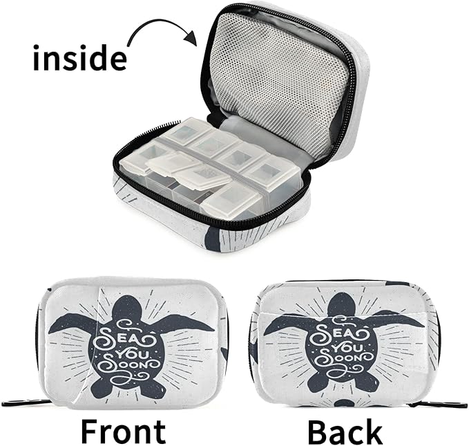 Hand Drawn Turtle Pill Box 7 Day Pill Case Travel Pill Organizer Bag with Zipper Portable Weekly Case Compact Size for Vitamin Supplement Holder