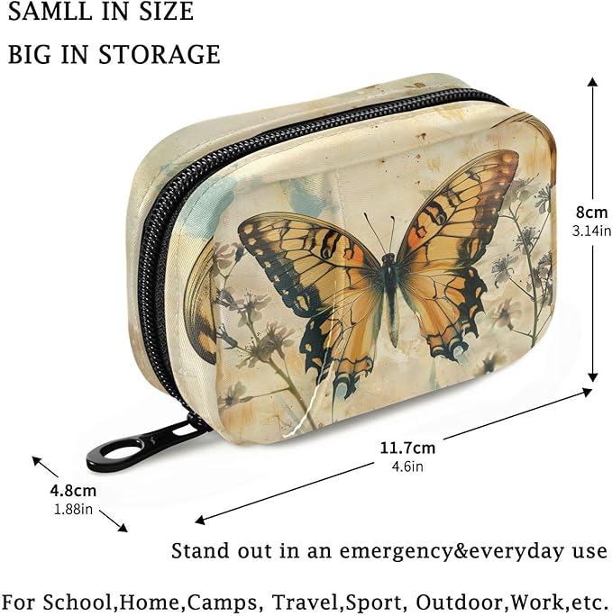 Fustylead Vintage Artistic Butterfly and Flower Pill Organizer Travel Bag, Small Portable Pill Case Cute for Vitamin Fish Oil Supplements Medicine Organizer with Zipper