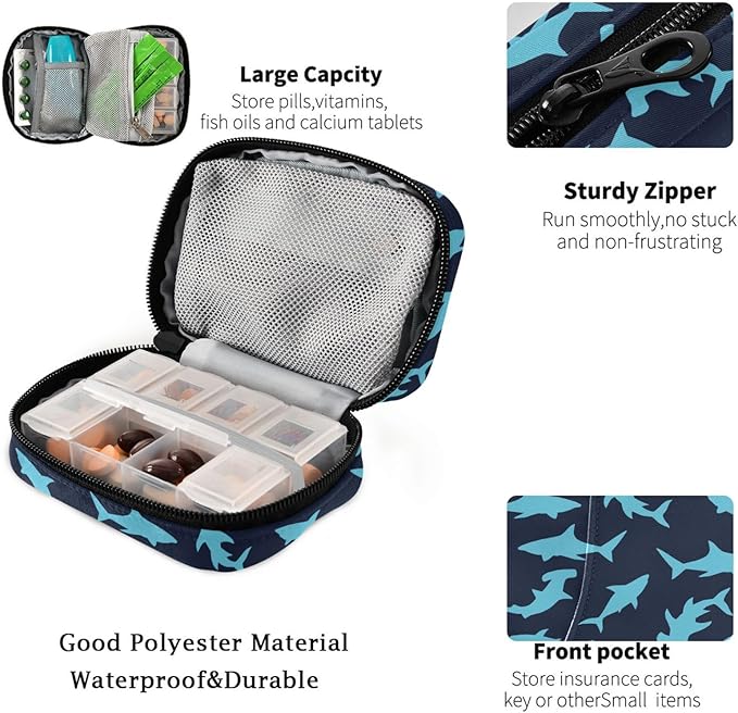 Fustylead Sharks Pill Organizer Case with Zipper 2 Times A Day for Vitamin and Supplement, 7 Day Travel Organizer Medicine Case