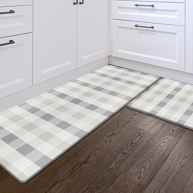 Sunlit Set of 2 Anti Fatigue Kitchen Floor Mat, Non Slip Waterproof Comfort Standing Mat, 0.4Inch Thick Cushioned Farmhouse Kitchen Rug Runner, Buffalo Plaid(Size:17"x28"&17"x47") Light Coffee