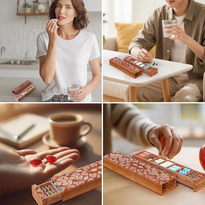 Wooden Pill Organizer, 7 Day Pill Box, Travel Pill Box, Wooden Pill Case Privacy Protection Perfect for Medication, Vitamins, Fish Oils, Supplements（Sapele）
