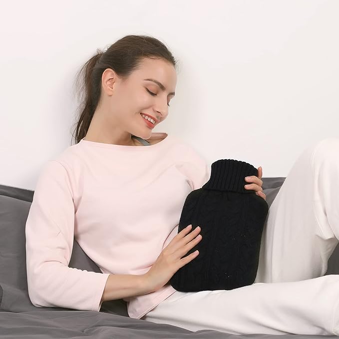 samply Hot Water Bottle with Knitted Cover, 2L Hot Water Bag for Hot and Cold Compress, Hand Feet Warmer, Ideal for Menstrual Cramps, Neck and Shoulder Pain Relief,Black