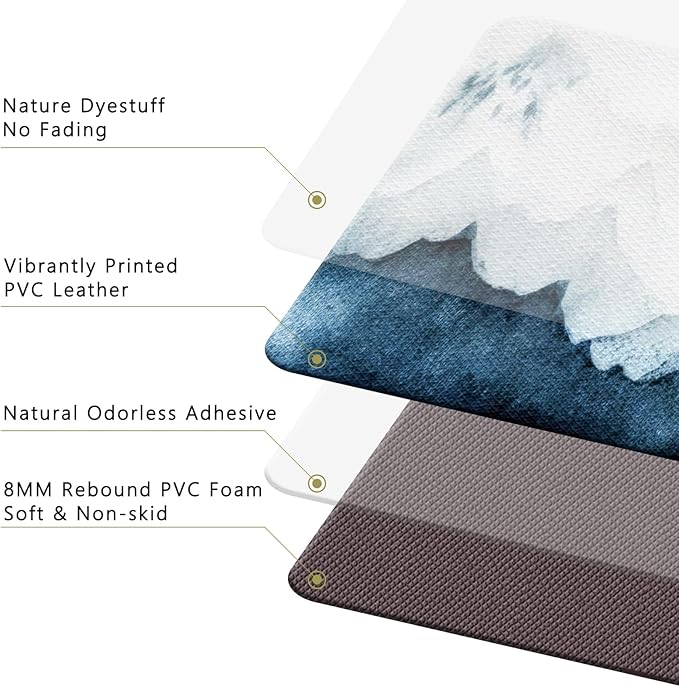 QIYI Floor Comfort Mat 1 Piece Kitchen Rug Leather Waterproof Oil Proof Runner Non Skid Laundry Long Standing Mat Anti Fatigue Foam Cushioned Doormat 17" W x 47" L - Blue and White Watercolor Mountain