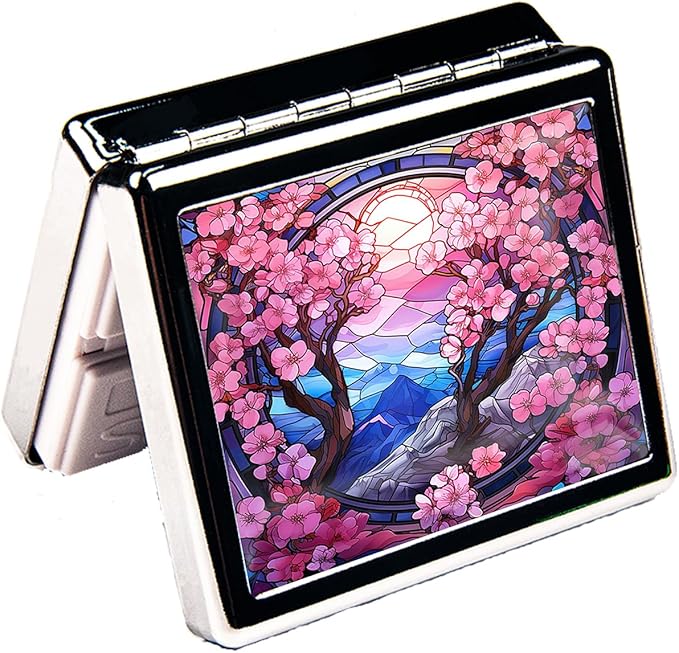 7 Days Chromed Shiny Silver Pill Organizer with Mirror Inside Has 8 Separate Compartments Rectangle 7 Days Pill Box Pill Case (Cherry Blossom)