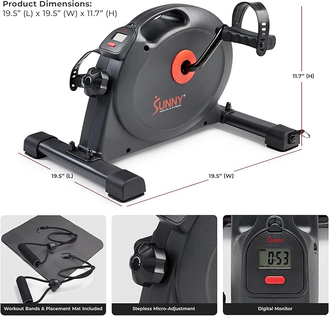 Sunny Health & Fitness Under Desk Smart Mini Pedal Exerciser, Exercise Cycle Bike and Mat/Workout Bands with Low Profile Design - SF-B0418SMART