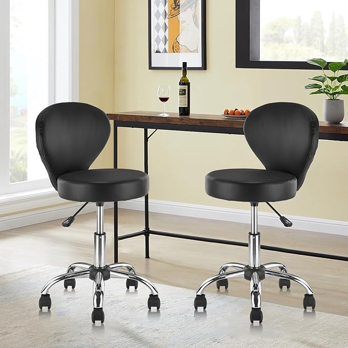 Leather Rolling Salon Stool with Back Support and Wheels Adjustable Height Swivel Spa Stools for Office Massage Facial Medical Drafting Tattoo Beauty Barber Lab Doctor Tattoo, Black, 4 Pack