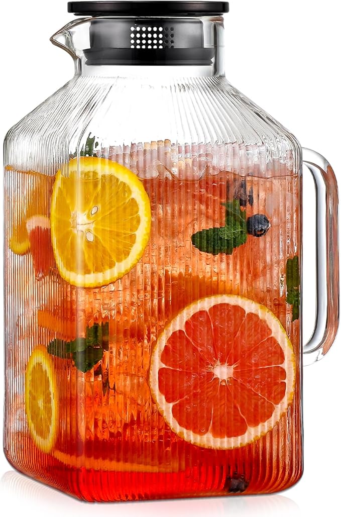 1 Gallon Square Glass Pitcher with Lid, Classic Stripes Water Pitchers for Fridge, Borosilicate Glass Carafe for Hot/Cold Brew Drink, Extra Large Jug with Handle for Iced Tea, Coffee, Juice, Black