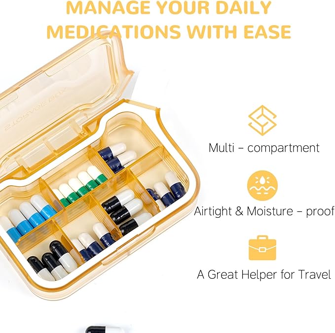 New Weekly Pill Organizer, Moisture-Proof Storage Case, Daily Travel Pill Storage Container, Travel Pill Box – Suitable for Vitamins, Dietary Supplements & Fish Oil (Yellow)
