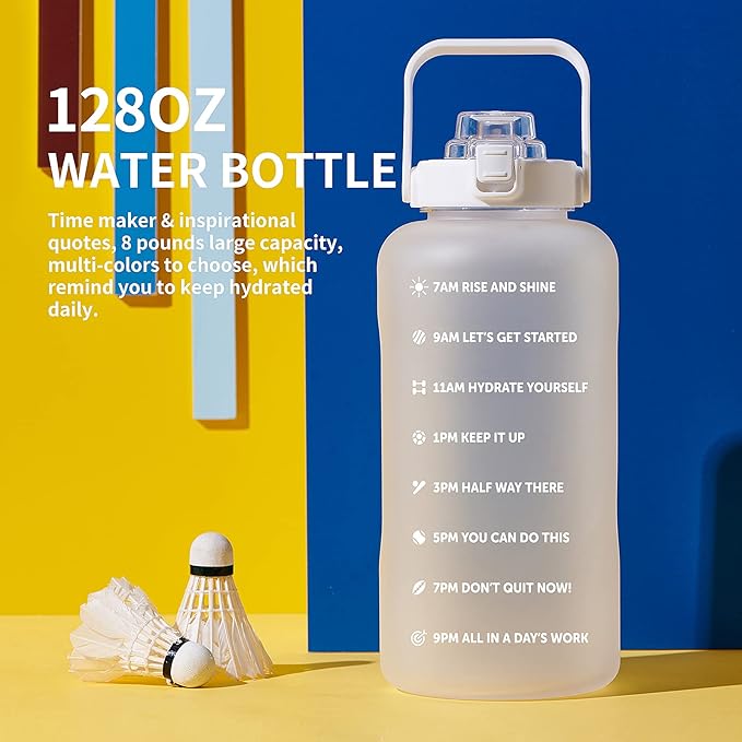 64oz,100oz,128oz Large Motivational Water Bottle with Time Marker, Leakproof & BPA Free Half Gallon Big Water Bottle with Straw Handle Tritan Frosted Water Jug for Gym,Fitness,Outdoor Sports