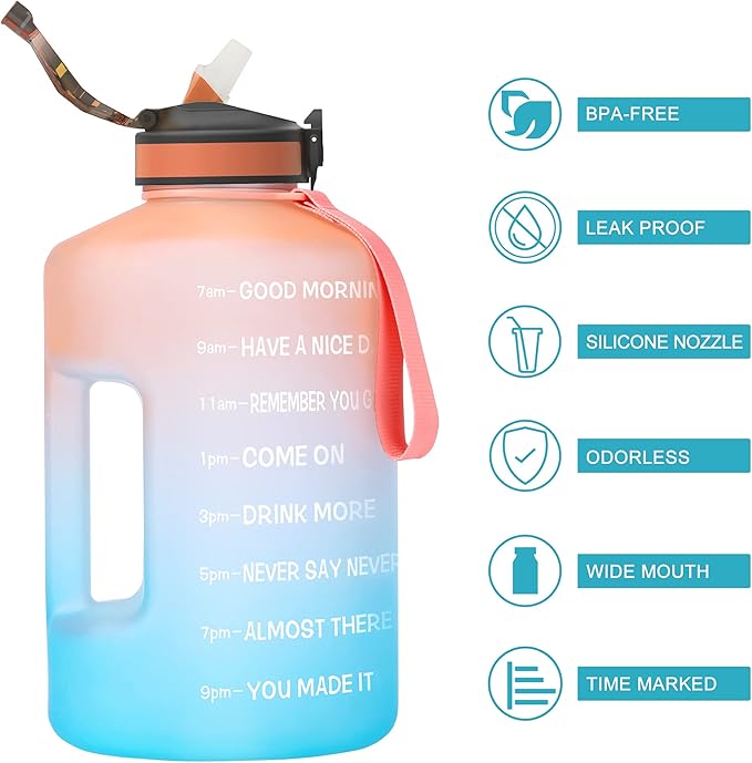 1 Gallon Motivational Sports Water Bottle with Time Marker, BPA Free 128oz Leak Proof Jug, Black, Plastic, 128 ounces, Fitness, Sports, Outdoor Activities