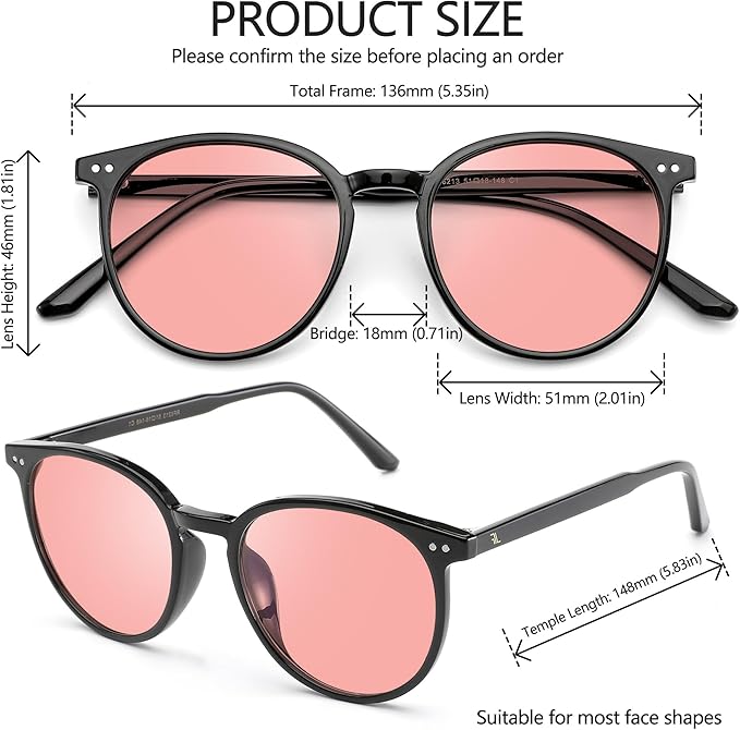 Indoor Fluorescent-41 Pink Round Tinted Blue Light Blocking Glasses for Migraine, Light Sensitivity, Photophobia & LED Gaming Computer Screen Glare RF6213