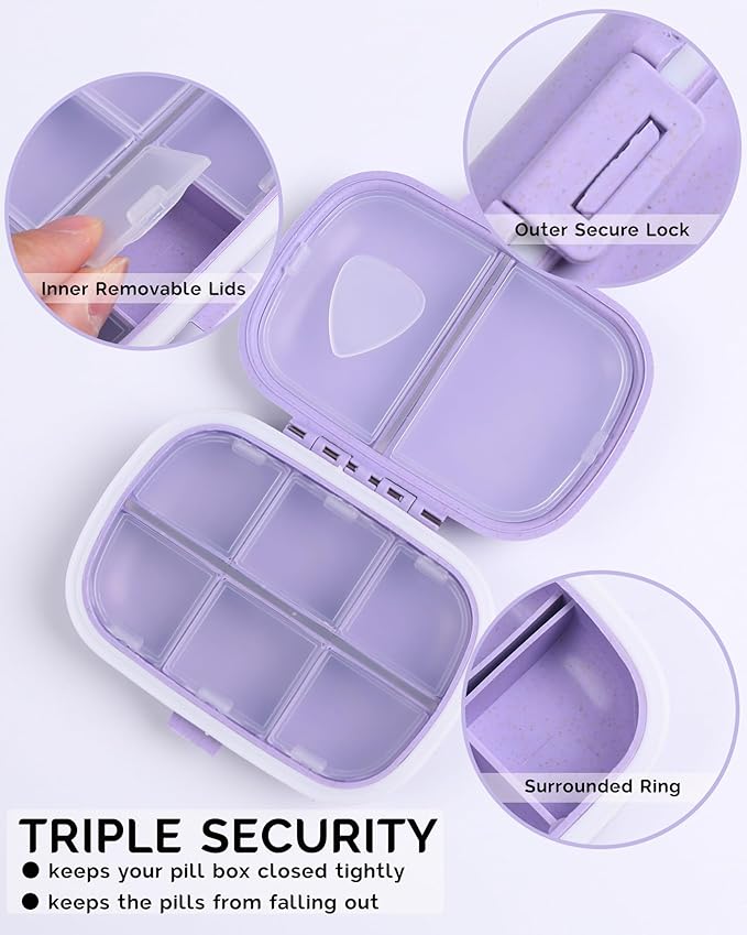 8 Compartments Travel Pill Organizer, Daily Pill Case Small Pill Box for Pocket Purse, Portable Pill Container Medicine Vitamin Organizer (Purple)