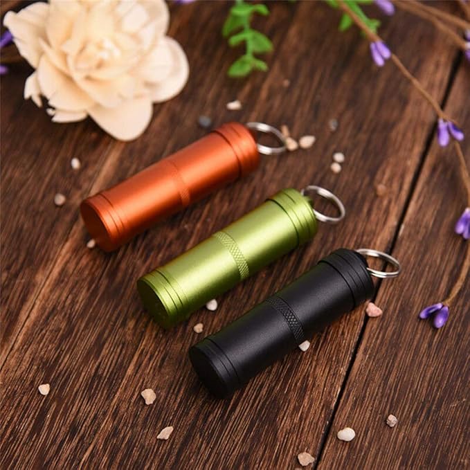 TopHomer Keychain Pill Holder Portable Mini Aluminium Alloy Pill Organizer Case Cylinder Daily Pill Organizer for Hiking, Fishing, Camping, Hunting, Outdoor(Orange)