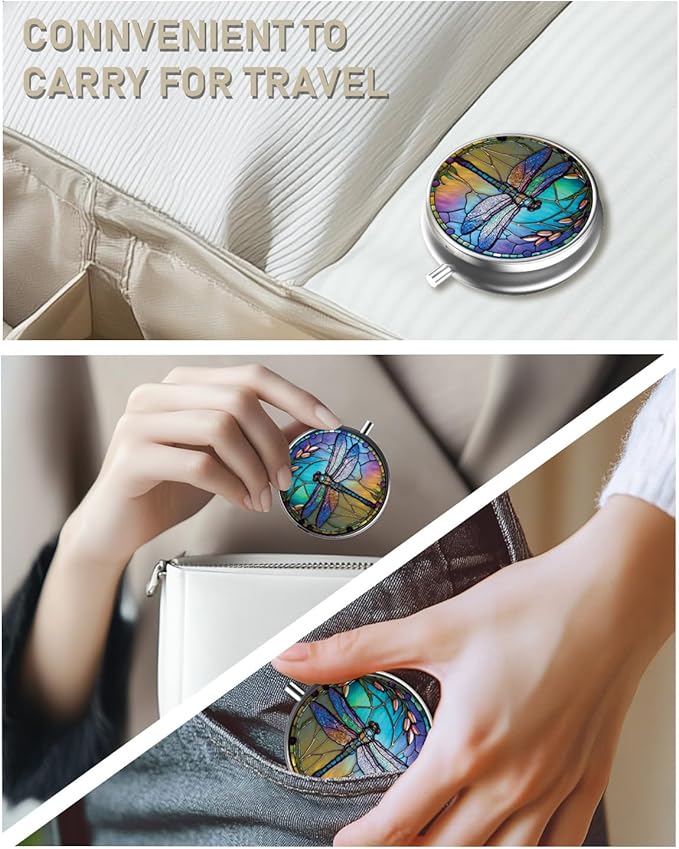 Pill Box, 3 Compartment Portable Travel Medicine Box with Mirror, Compact and Cute, Fits in Purse and Pocket, Medicine and Vitamin Organizer (Dragonfly)