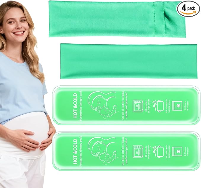 Postpartum Cold Pack, Perineal Cooling Pad Pregnancy & Hemorrhoid Pain Relief, Postpartum Ice Pack Pads with 2 Washable Sleeves (2 ice Pack+2 Fabric Cover) (Green)