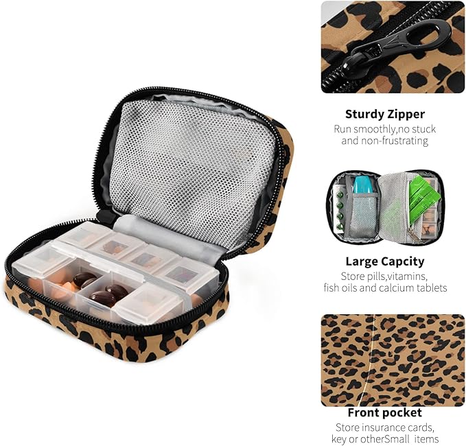 xigua Leopard Pill Case 7-Day Travel Pill Organizer Box with Zipper Closure for Vitamins, Medication and Supplements