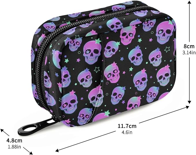 MNSRUU Pill Organizer Bag Weekly Pill Organizer Case Goth Stars Purple Skulls Portable Small Daily Pill Boxes for Vitamin Fish Oils Supplement Holder with Zipper Compact Size