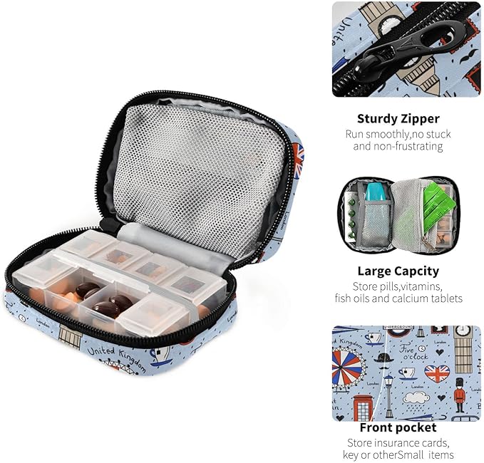 London Retro Print Pill Box 7 Day Pill Case Travel Pill Organizer Bag with Zipper Portable Weekly Vitamin Medicine Supplement Holder Pouch Bag