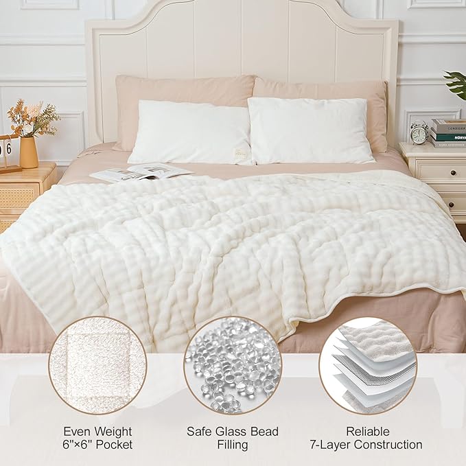 Cottonblue Weighted Blanket 12lbs Bubble Fleece Plush Sherpa Heavy Weighted Blankets for Adults, Fits Twin/Full Size Bed, Cute Fuzzy Warm Heavy Blanket for Calm and Better Sleep, 48"x72", Cream White