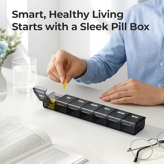 AUVON Weekly Pill Organizer with Effortless Opening Design, Arthritis Friendly Pill Box, BPA-Free Pill Organizer 7 Day, Cute & Portable Pill Case for Vitamins, Supplements and Medications