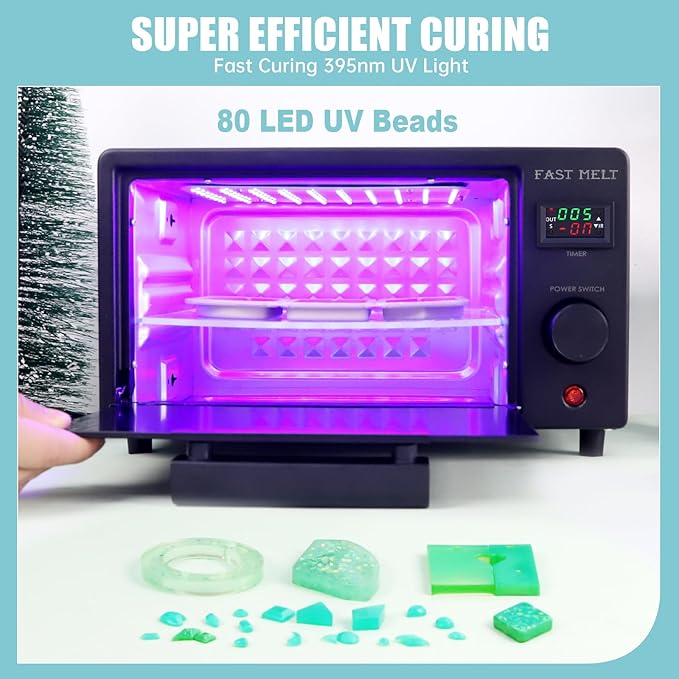 FAST MELT UV Resin Curing Box, 395nm UV Curing Light Station with 36 LED Beads, Auto UV Curing Resin Dryer Timer Setting Digital Display(S/M/H) with Tray, UV Light for Craft|Jewelry Making|DIY Decor