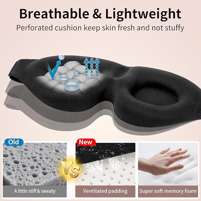 Sleep Mask for Side and Back Sleeper, Super Soft Relaxing Eye Mask for Sleeping Padded with Memory Foam, 100% Light Blocking Blindfold (Black & Blue)