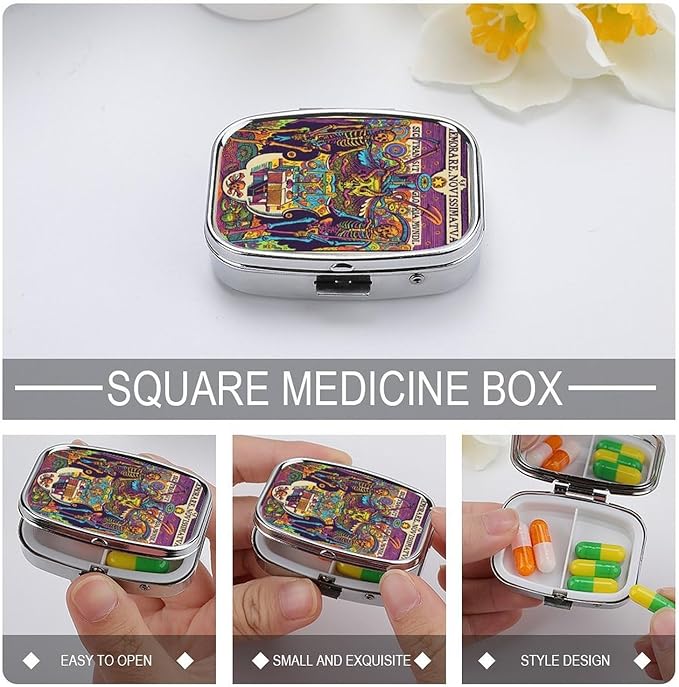 Metal 2 Compartment Pill Organizer Travel Friendly Portable Compact Pill Box Cute Pill Case,for Pocket Wallets Daily Portable Medicine Vitamin Tablet Storage (Guardian Skeleton)