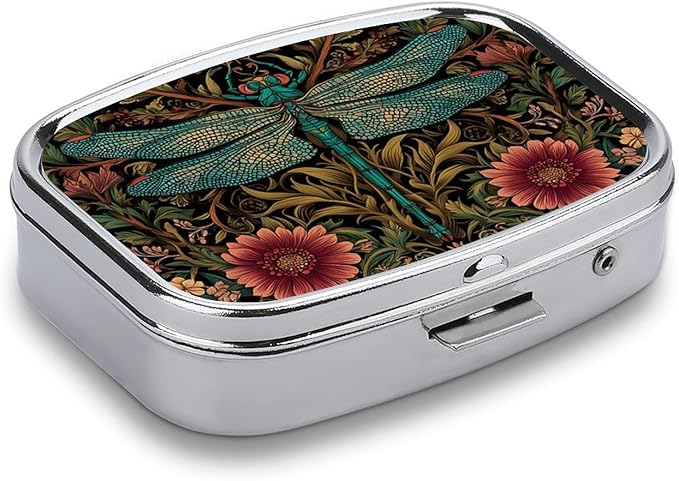 Metal 2 Compartment Pill Organizer Travel Friendly Portable Compact Pill Box Cute Pill Case,for Pocket Wallets Daily Portable Medicine Vitamin Tablet Storage (Dragonfly)