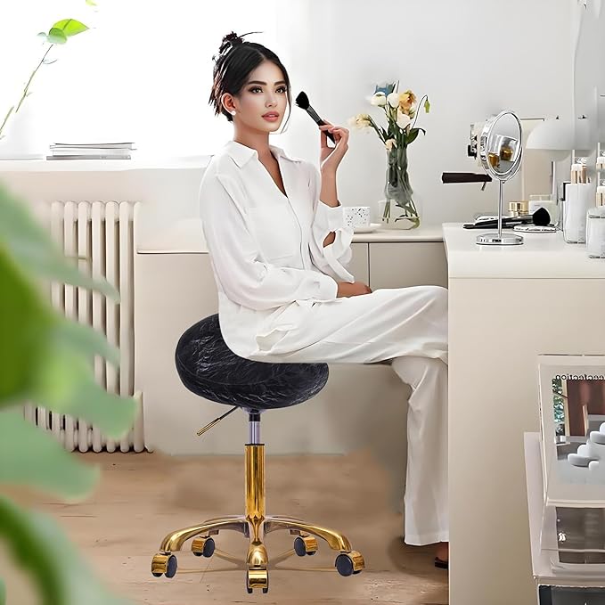 Saddle Stool Gold Rolling Stool with Wheels, PU Leather Roller Vanity Chair, Height Adjustable Swivel Saddle Chair for Pedicure, Tattoo, Massage, Salon, Spa (Black)