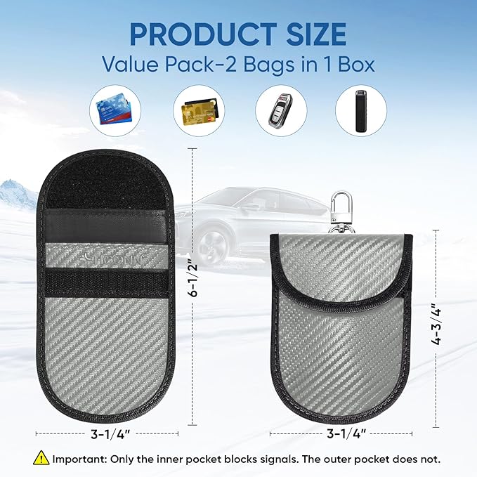 TICONN 2PK Faraday Bags for Car Keys Fob, 3.25"X4.75" Faraday Cage Protector, Car RFID Signal Blocking, Anti-Theft Pouch Anti-Hacking Case Blocker (Grey, S)