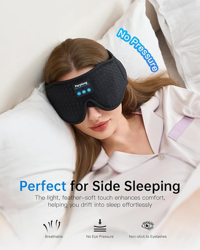 Perytong Sleep Mask with Bluetooth 5.4 Headphones, Wireless Sleep Eye Mask for Side Sleepers, 3D Contoured Comfort & Built-in HD Stereo Earphones, Blackout for Travel (Carbon Black)