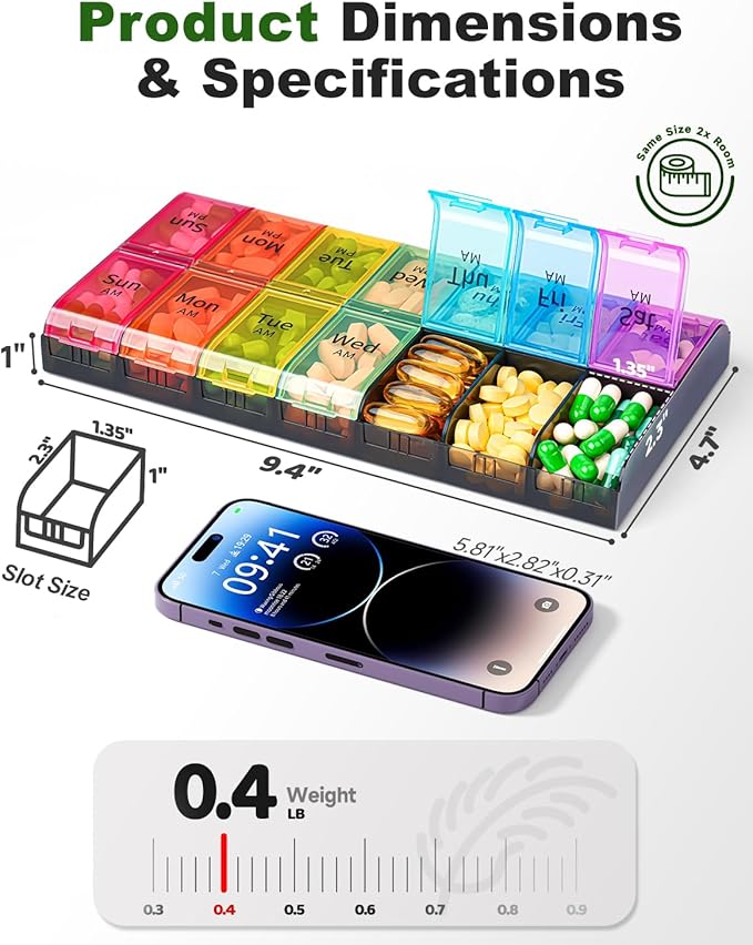 Extra Large Pill Organizer 2 Times a Day, Weekly XL AM PM Pill Case, 7 Day Pill Box Twice a Day, Oversized Daily Medicine Organizer for Vitamins, Big Pill Container, Medication Dispenser (Rainbow)