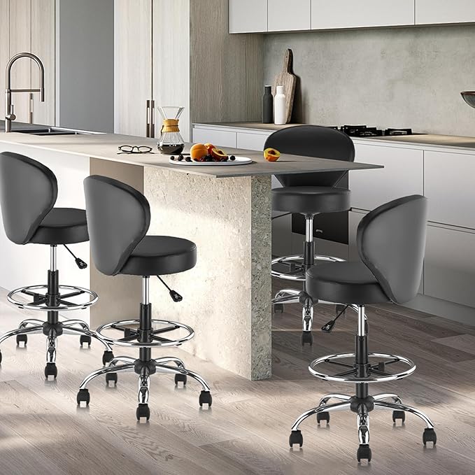 Leather Drafting Stool Chair Padded Seat 360° Swivel Rolling Stools Adjustable Height with Ergonomic Backrest and Footrest, Tall Office Chair for Standing Desk, Studio, Labs, Black, 2 Pack