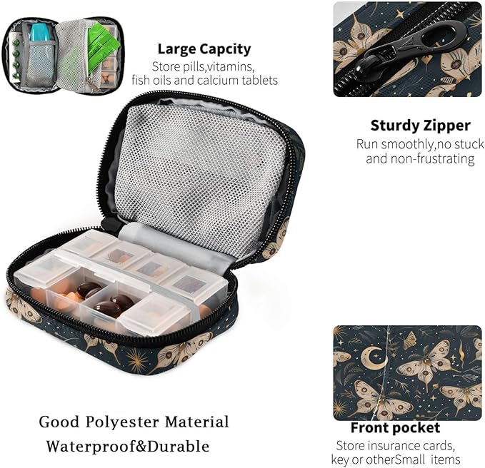 Fustylead Pill Organizer Travel Bag, Small Portable Pill Case Cute for Vitamin Fish Oil Supplements Medicine Organizer with Zipper (Green01 Moth Moon and Stars)