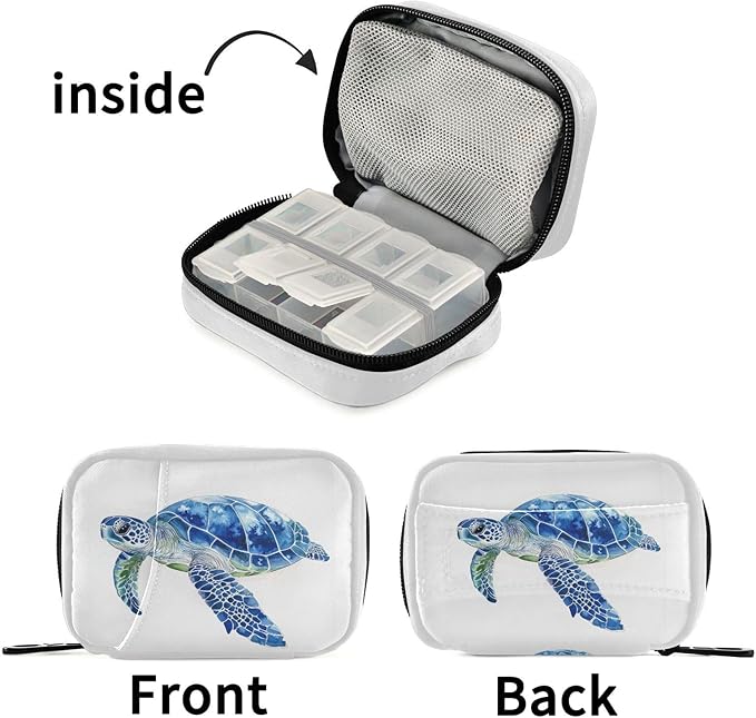 Fustylead Watercolor Hand Draw Blue Sea Turtle Pill Organizers 2 Times A Day Pill Case Bag with Zipper Portable Weekly Pill Dispensers for Vitamin Supplement