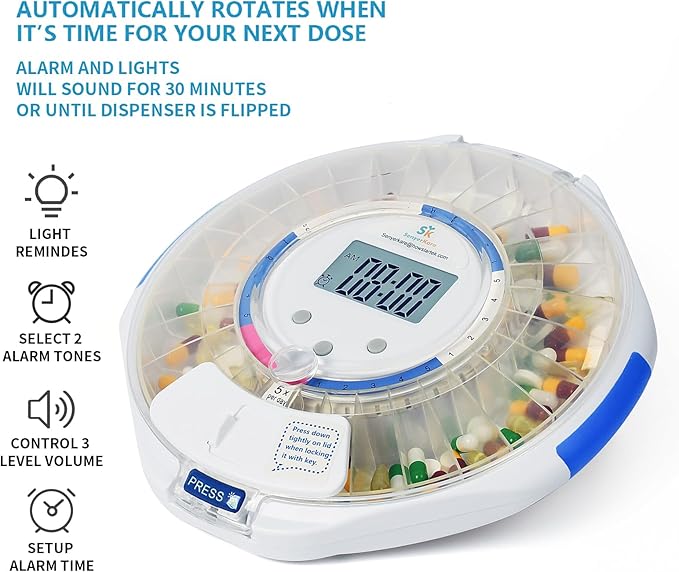SenyerKare 28-Day Automatic Pill Dispenser with Alarm & Alzheimer’s Care, Medication Organizer w/Easy-Read LCD Display, Sound & Light & Key Alerts for Medication, Vitamins, Supplements, Clear Lid