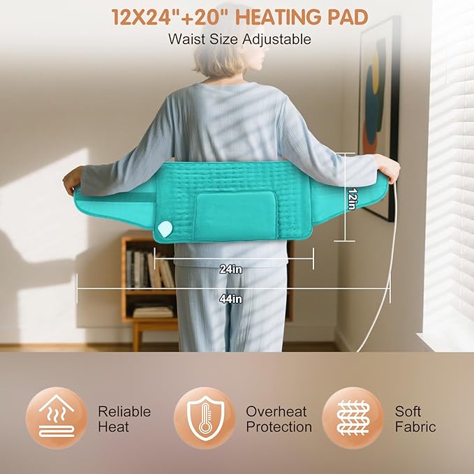 Heating Pad Back Pain Relief Electric Heating Pad for Period Cramps Lower Back Neck Shoulders Pain Relief 6-Hour Auto Off 12x24 Heated Pad + 20" Belt 4 Timer 6 Heat Level Wrap (Turquoise)
