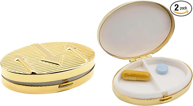 Set of 2 Oval-Shaped Pocket Purse Pill Box & Organizer with Dual Compartments (Gold Arrows)